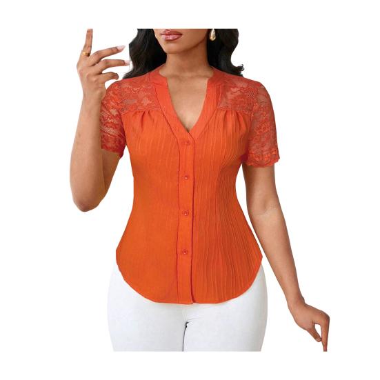

Women Tops V-Neck Short Sleeve Hollow Lace Splicing Design Shirt Tops Pure Color S