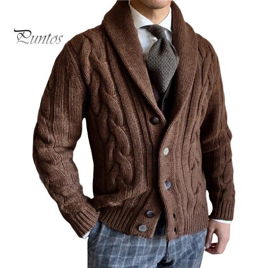 Мужской свитер кардиган с лацканами длинный рукав застежка на пуговицы однотонное трикотажное пальто свободного кроя повседневная верхняя одежда M коричневый 2919₽
