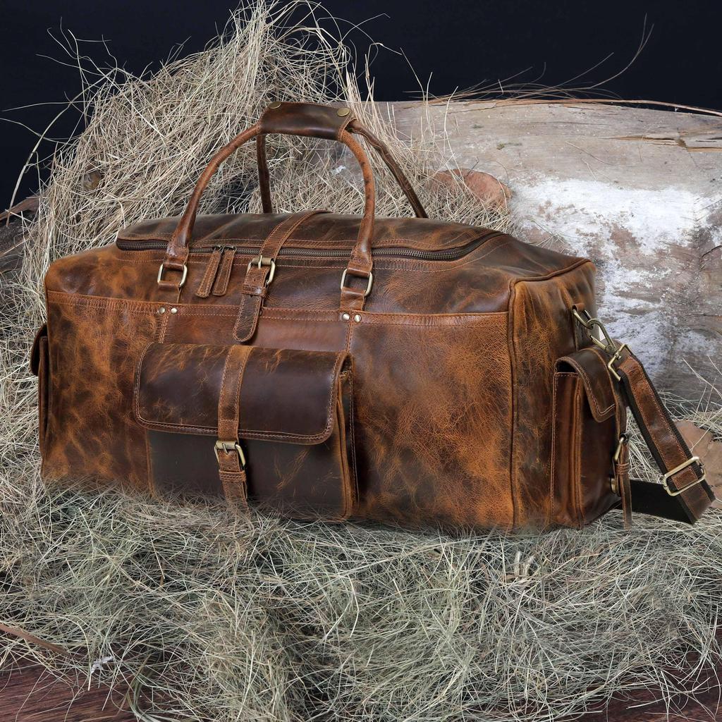 Personalized Full Grain Leather Duffle Bag: Travel Weekender Carry-on