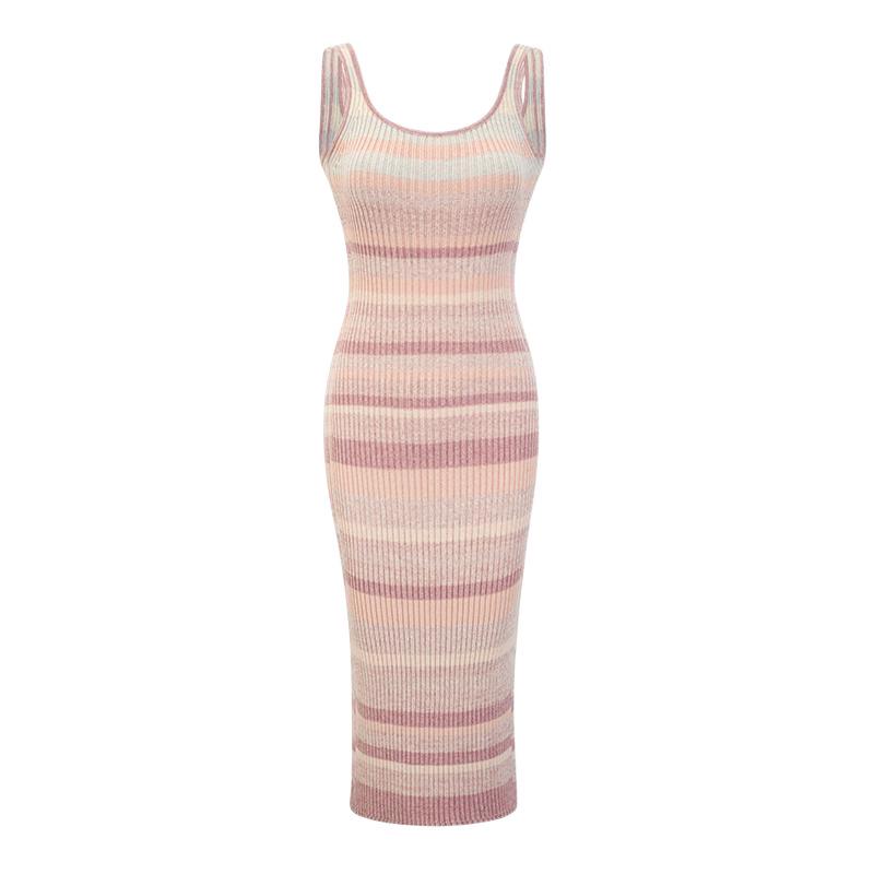 Women's Rainbow Stripe Sleeveless Knit Camisole Dress - Slim Fit Summer Mid-Length