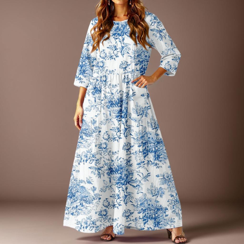 Damen Freizeitmode Blumenmuster Dreiviertelarm Langes Kleid mit Taschen