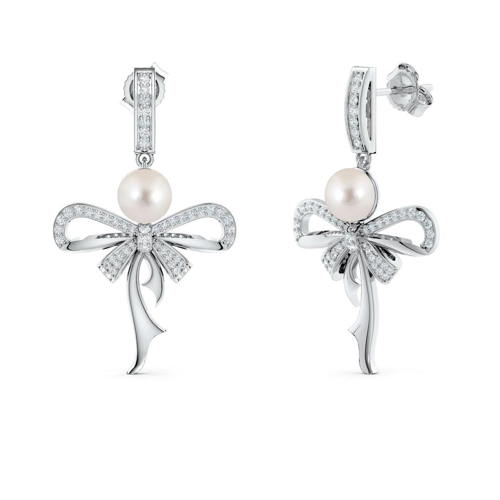 Kicky and Perky 925 Sterling Silver Bow Dangle Earrings Jewelry for Women With D Color Moissanite and Pearl