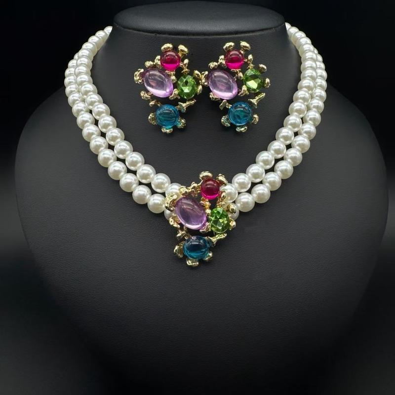 Luxurious Multi-layered Geometric Pearl Necklace Earrings with Diamonds, Colorful Crystal Necklace, Fashionable and Exaggerated Collared Chain разноцветный