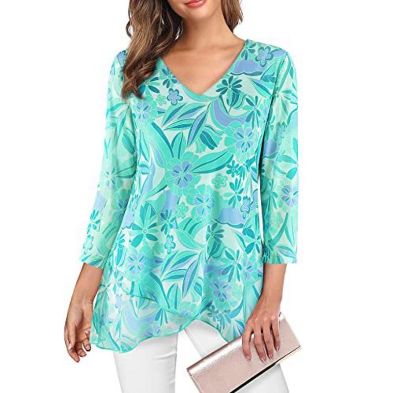 Summer New Seven Quarter Sleeve Casual Loose Shirts Women Asymmetrical V Neck Slim Print Elegant Blouse Women Fashion Lady Tops Plus Size Shirt 26490