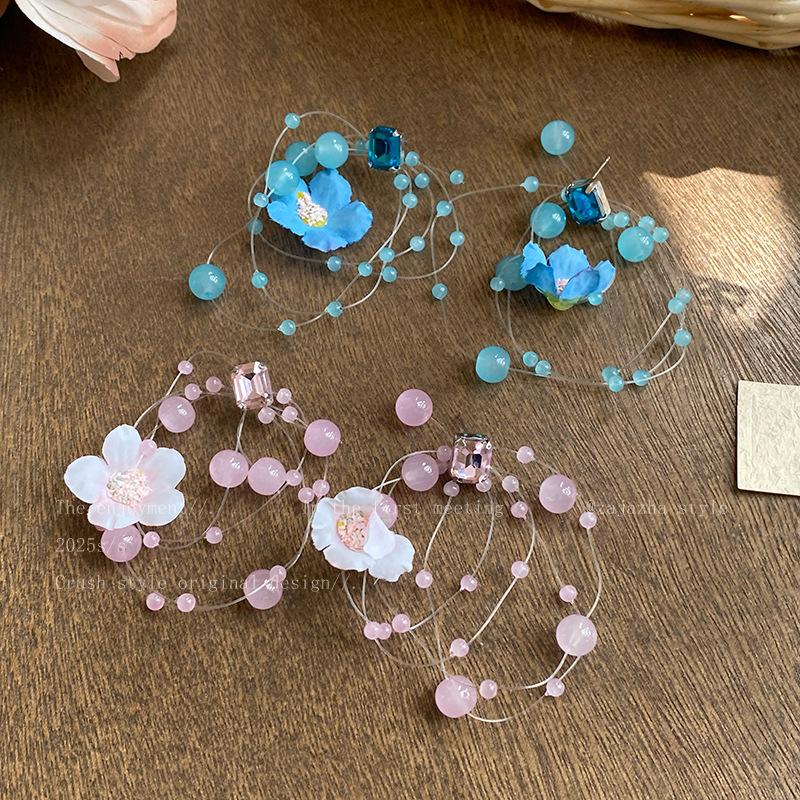 Glass beads flower fringed earrings summer dopamine sweet stud earrings temperament atmosphere earrings women
