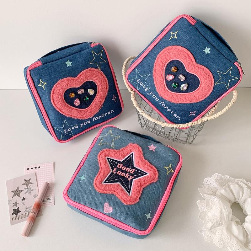 Denim Fabric Portable Cosmetic Bag with Zipper Large Capacity Travel Storage Toiletry Bag for Girls Creative Makeup Supplies New