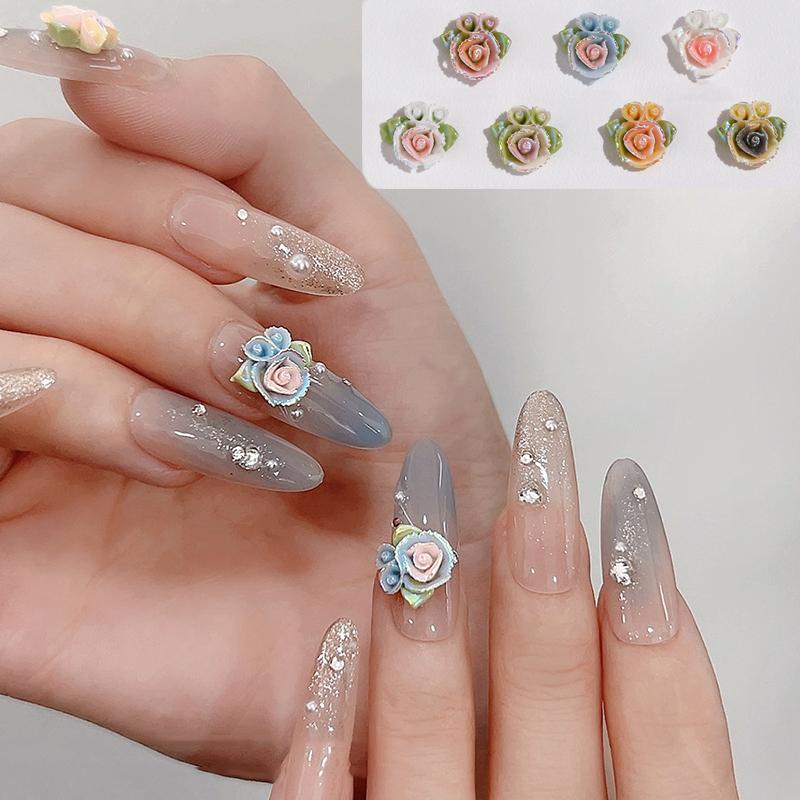 10 Pcs 3D Carved Rose Resin Colorful Rose Nail Charms Flower Accessories Material Nail Art Decorations Diy Manicure Salon Supply