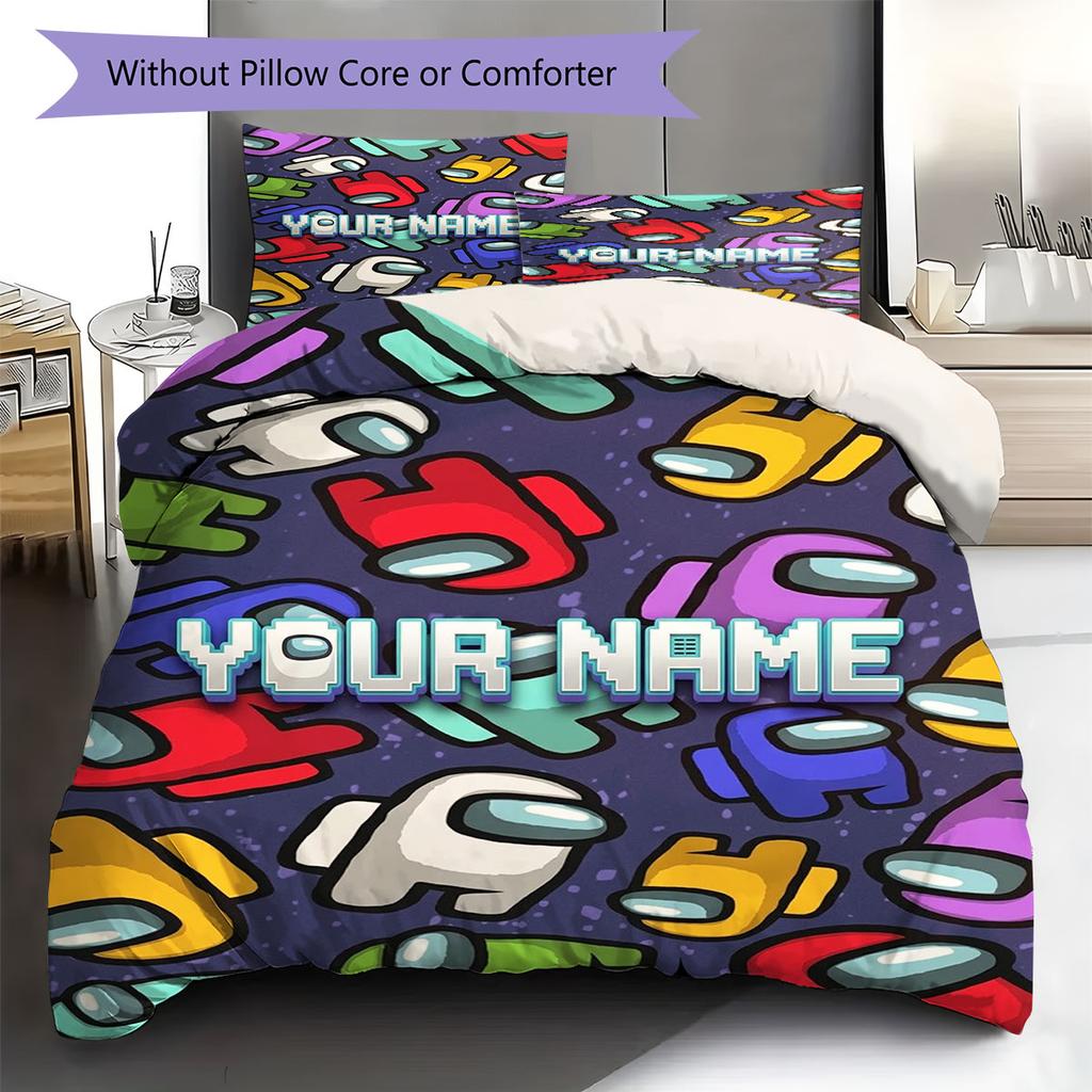 Among Us Custom Name Pattern Bedding,Quilt Set Quilt Cover Pillowcase Home Birthday Gift(1 * Duvet Cover + 2 * Pillowcase, Without Core)