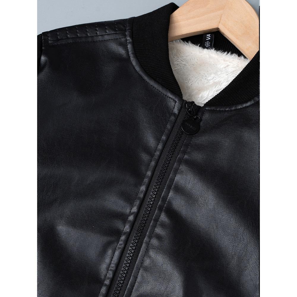 Kids Boys Autumn Winter PU Leather Fleece Lining Stand Collar Zipper Jacket