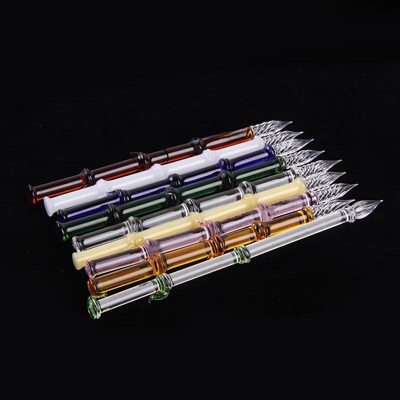 Bamboo Glass Dip Pen with Artistic Colored Ink Calligraphy Crystal Signature Pen for Drawing Writing Office School Supplies