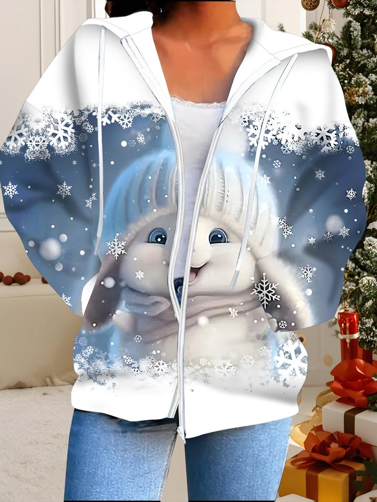 Christmas 3D Printed Hooded Cardigan Plus Size Autumn Winter Retro
