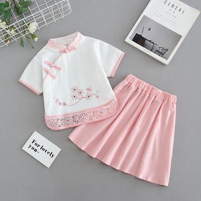Girl's Foreign Style Retro Chinese Style Hanbok Suit Little Girl Cheongsam Half-body Skirt Summer Two-piece Suit