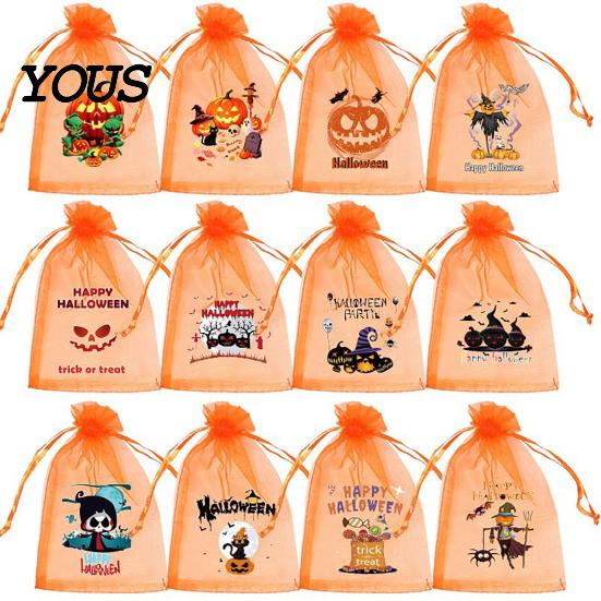 Halloween Pouch 12 Pcs Organza Candy Bag, Drawstring Treat with Pumpkin Ghost Bat Trick or Bag Print, Sheer Favor for Party Snacks, Gift Packaging