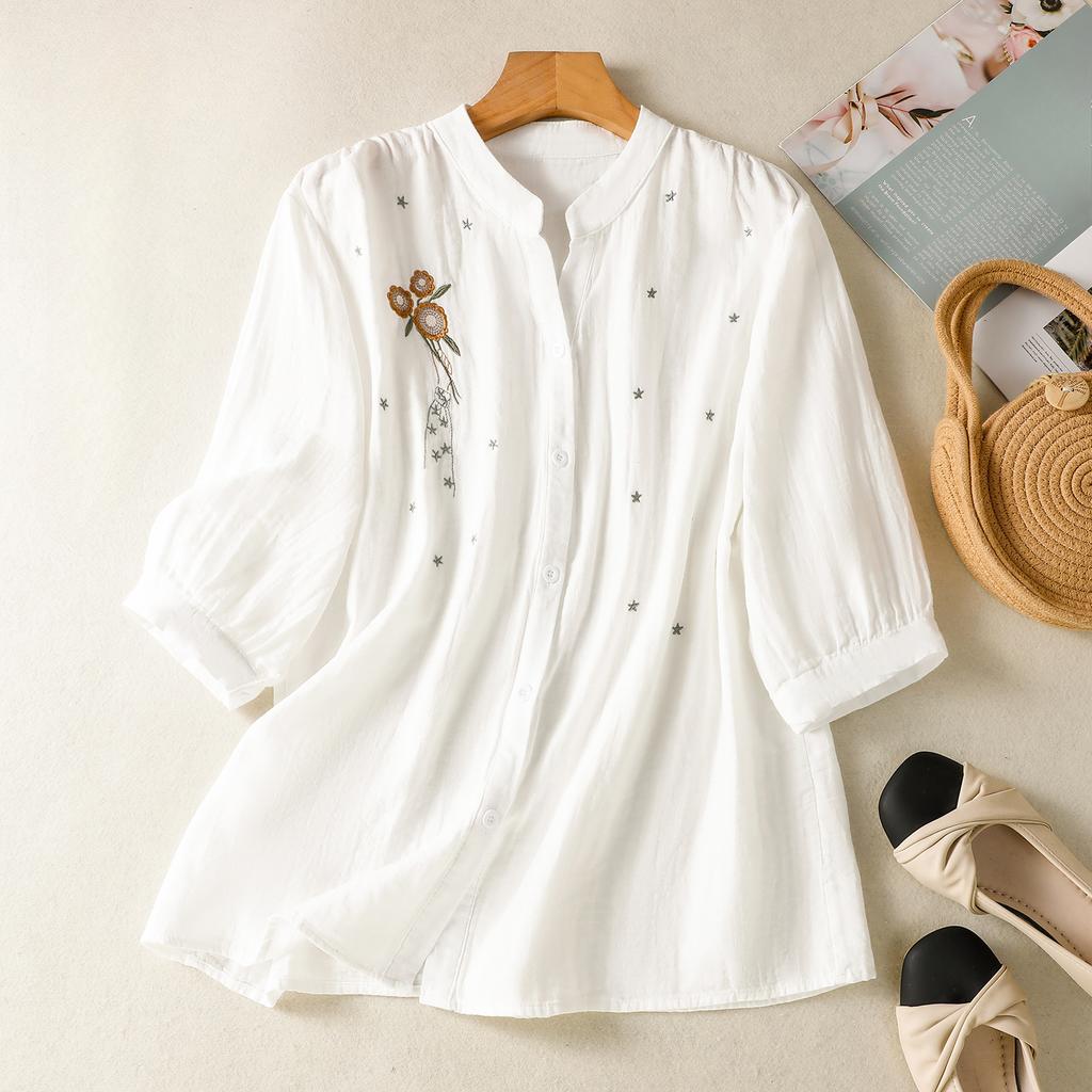 DIMANAF 2025 Plus Size Summer Cotton T-Shirt Women O-Neck Short Sleeve Loose Buttons Tops New Tees