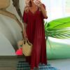 Summer Women Loose Short Sleeve Swing Dress Solid Color Large Size V Neck Fashion Long