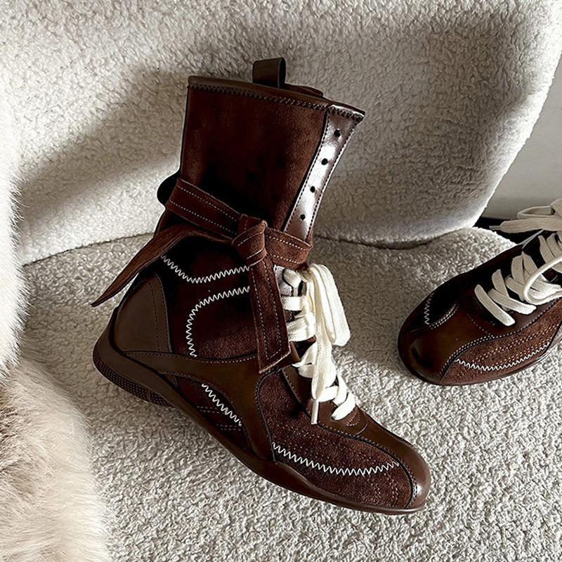 Cowhide Version~ Flat Bottom Inner Height Increase Martin Boots Women's 2025 New Boxing Boots Matte Leather Lace-up Short Boots German Training Boots