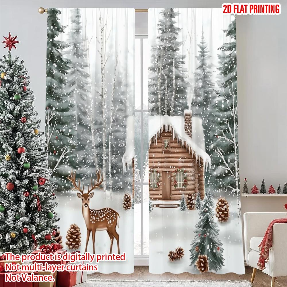 2pcs 2D Flat Printing Merry Christmas Curtains Winter Forest and Deer Christmas Digital Printed Polyester Drapes Spring Perfect