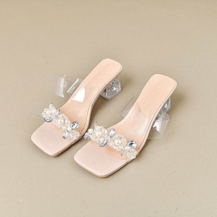 Delicate Rhinestone Transparent Cool Slippers Girl 2025 Summer Fairy Style Temperament High Heels Square Head Thick Heel Crystal Sandals
