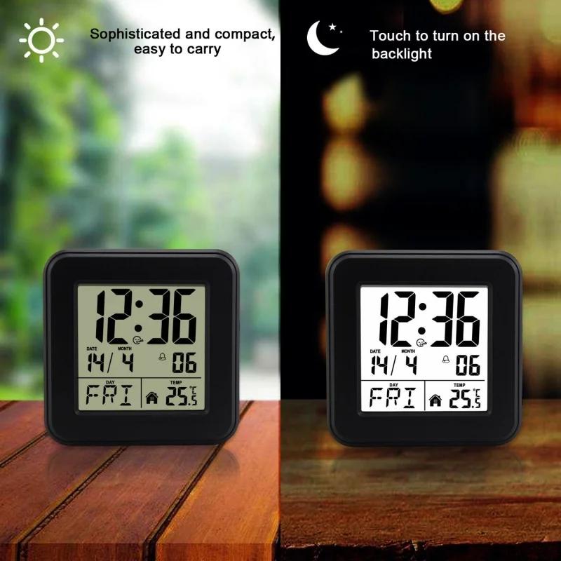 Portable Mini Digital Alarm Clock Temperature Date Week Touch Backlight Snooze Table Clock 12/24H Battery Powered LCD Clock
