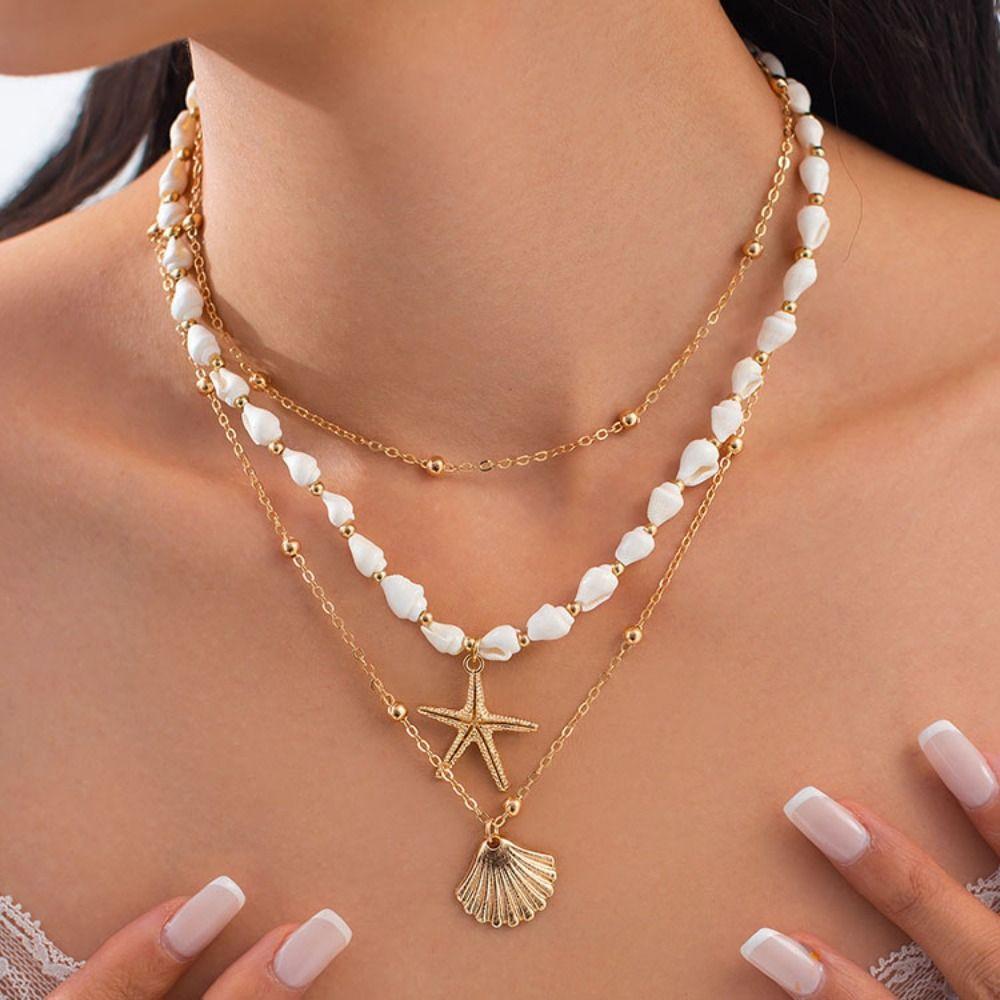 Starfish Shell Multilayer Necklace Mulitlayer Pearl Beaded Necklace Clavicle Chain Women  Beach