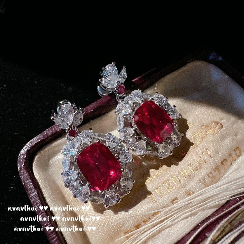Rouge Magenta Water Drop Flower Gemstone Necklace, Multi-Treasure Thistle Flower, Plated With 18K Gold, Pigeon Blood Red Flower Zircon Earrings
