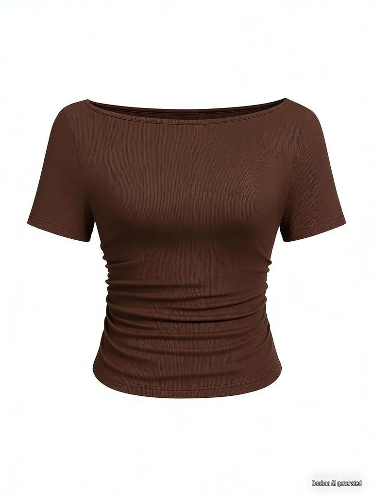 2025 Jesień Dopasowany Damski Top z Dekoltem Łódkowym, Dzwonkowym Rękawem i Marszczeniami - Jednolity Kolor, Długi Rękaw