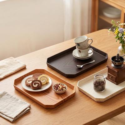 Stackable Plastic Wood Grain Serving Tray Plastic Food Tea Tray Raised Edge Breakfast Decorative Tray Kitchen Storage Organizer