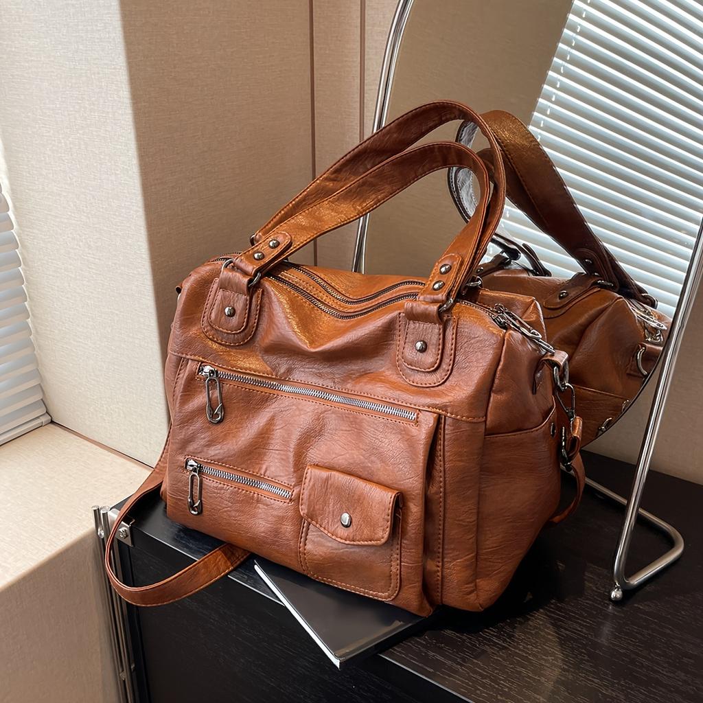 Leather Women's Handbag, Retro Casual Single Shoulder Crossbody Bag for Commuting, Zipper Closure, Large Capacity Tote Bags