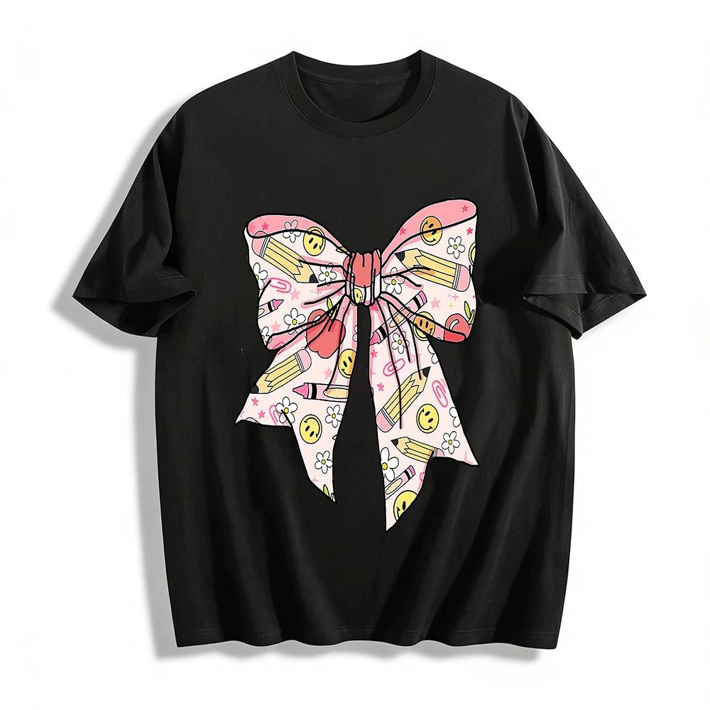 

Back to School Bow Print Casual Top With Fun Campus Motifs Pure cotton T-shirt XXS