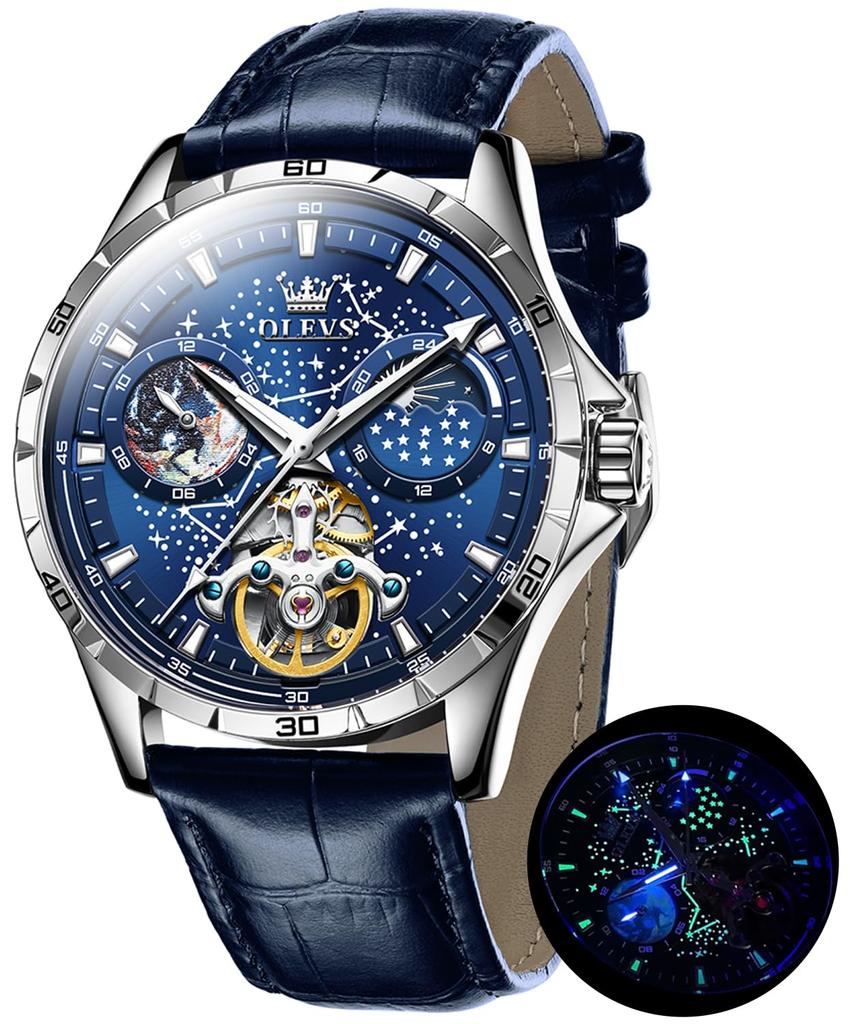 OLEVS Men's Cool Starry Sky Wristwatch, Automatic Mechanical Movement, Luxury Leather Strap, Skeleton Design, Waterproof…