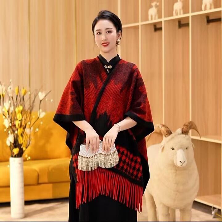 

Осенне-зимняя шаль с бахромой, женская клетчатая накидка, кардиган большого размера, накидка, шарф, твидовый жакет One Size красный