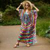 EDOLYNSA 2023 Boho Print Bikini Cover-ups Sexy Batwing Sleeve Maxi Dress Women Moroccan Kaftan Robe Beach Wear Swim Suit Cover Up Q1450