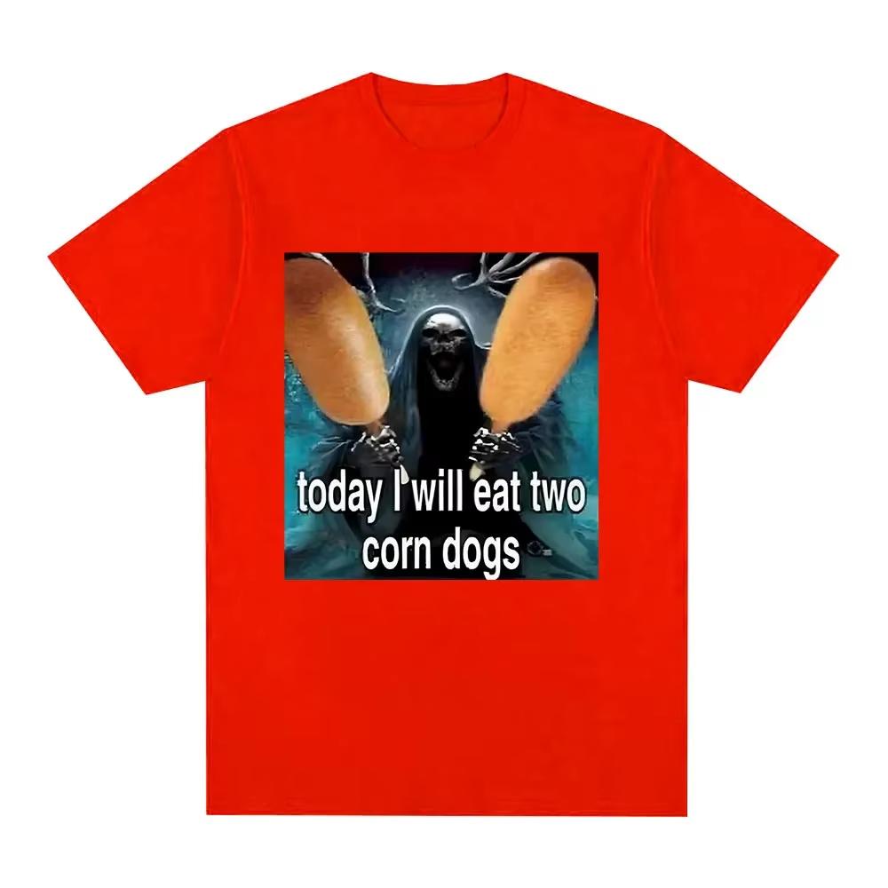Today I Will Eat Two Corndogs Graphic T-Shirt Skeleton Meme Men's Vintage Gothic Short Sleeve T-shirts Cotton T Shirts