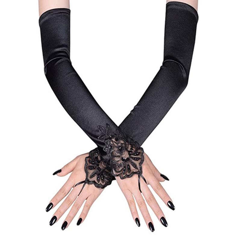 Damen Satin Haken Finger Lange Fingerlose Handschuhe Retro Stil Oper Abendkleid Zubehör Etikette Hohe Elastizität Hochzeit
