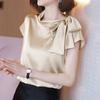 Summer Elegant Fashion Bow Satin T-shirt Female Short Sleeve Solid Pullover Tee Women's Temperament Tops