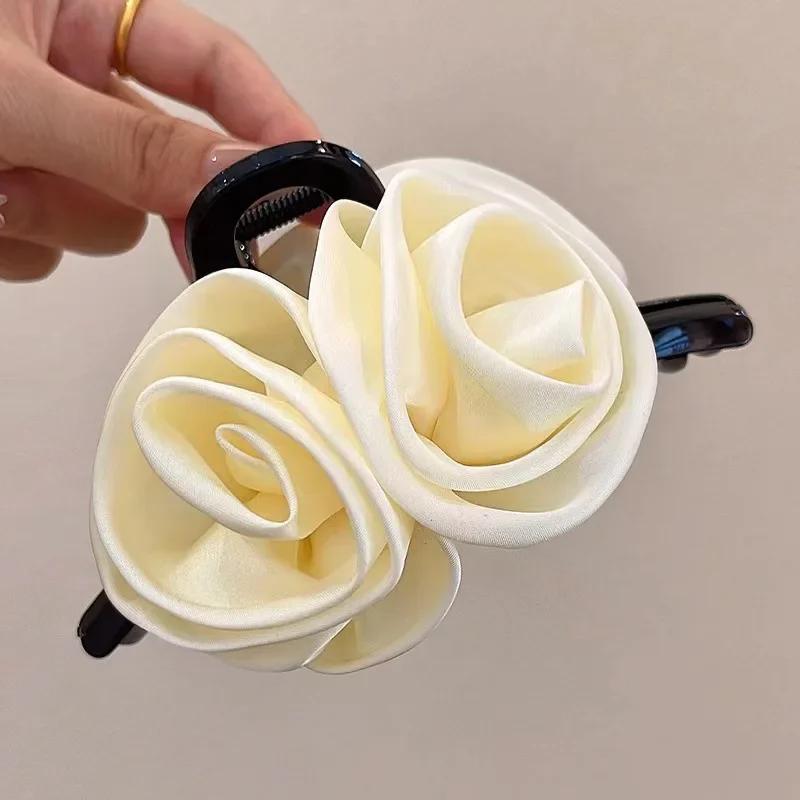 French Big Double Rose Flower Hair Claw Clips for Women Girls Vintage Satin Solid Fabric Handmade Shark Hairgrip Accessories New
