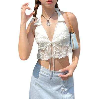 Women Crop Halter Tops Lace Patchwork Backless Shirt Sleeveless Camisole for Streetwear Summer Clothes