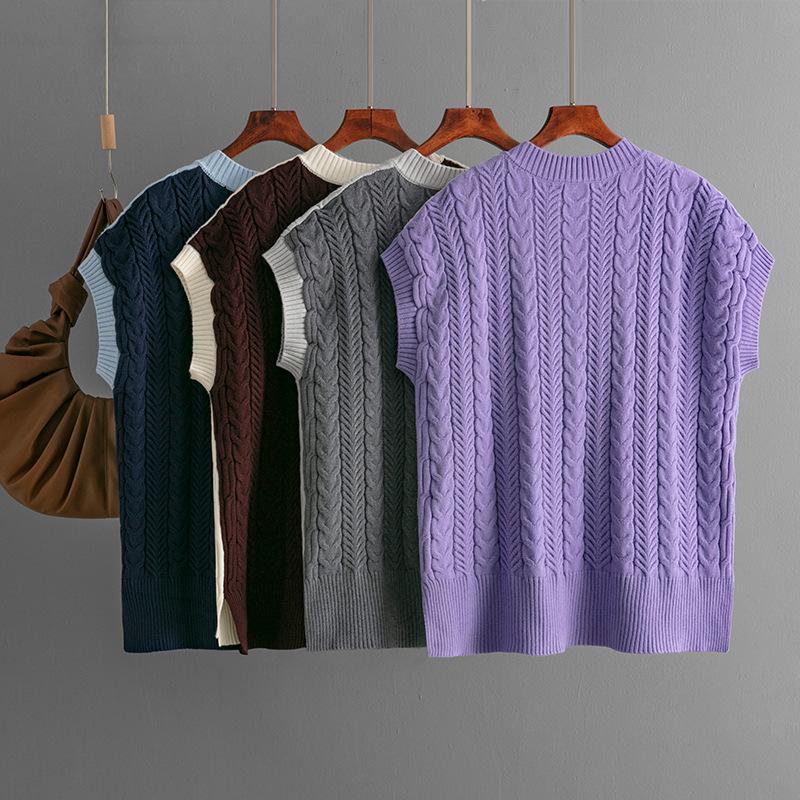 Dámský podzimní zimní ležérní svetr s výstřihem do V bez rukávů s kosočtvercovým pleteným vzorem