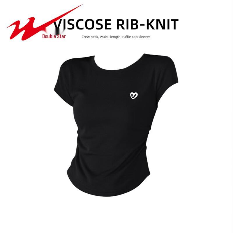 Women s Heart Embroidery Pleated Slim Fit T-shirt L