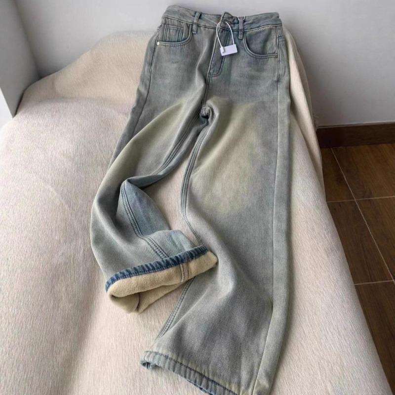 Fleece Jeans Women's Straight, New Winter High-waisted Loose Wide-leg Straight Jeans