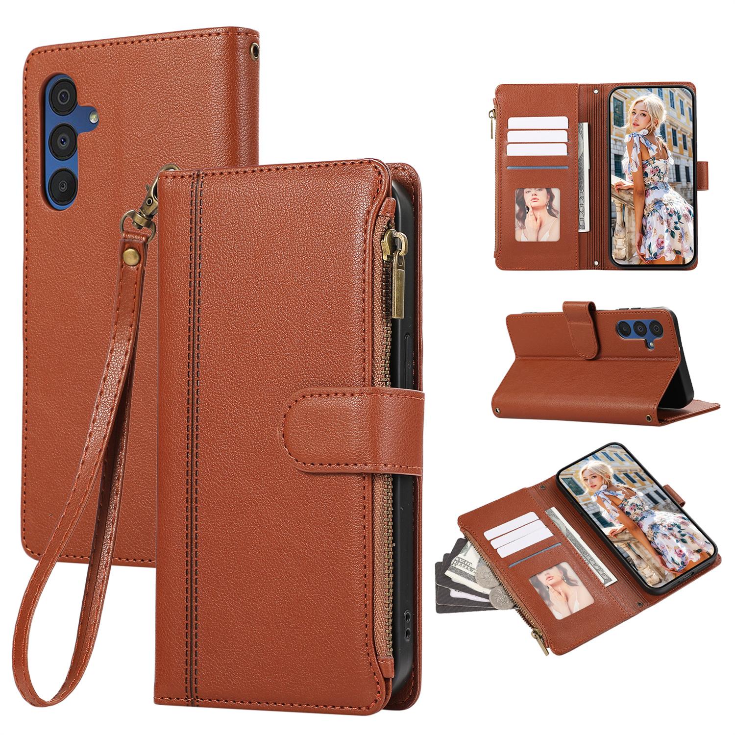 

For Samsung Galaxy A56 5G Case Multi Card Slots Zipper Leather Phone Cover with Wrist Strap Brown