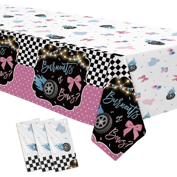 Burnouts or Bows Gender Reveal Decorations Tablecloth, 3 Pack Disposable Boy or Girl Gender Reveal Party Tablecover Supplies for Race Car vs Bows