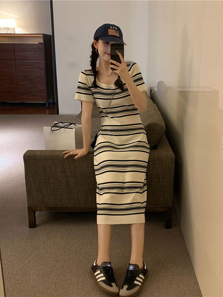 Striped Casual Knitted Dress - Women's Summer 2025, Loose Slimming Mid-Length, Short-Sleeve Lazy Style