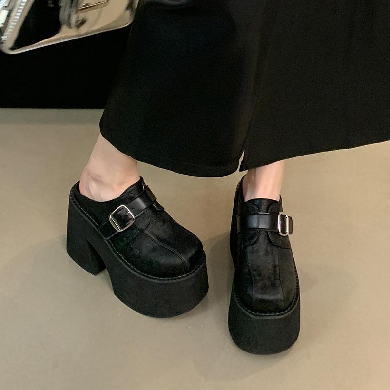 Fashion 11cm Block High Heels Black Slingback Shoes Women Close Toe Platform Chunky Heeled Slippers Punk Summer Sapatos Femininos 2024