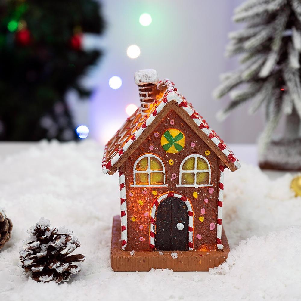 Luminous Gingerbread House Ornament Resin LED Light Christmas Village Cottage Statue Collectible Gingerbread House Figurines