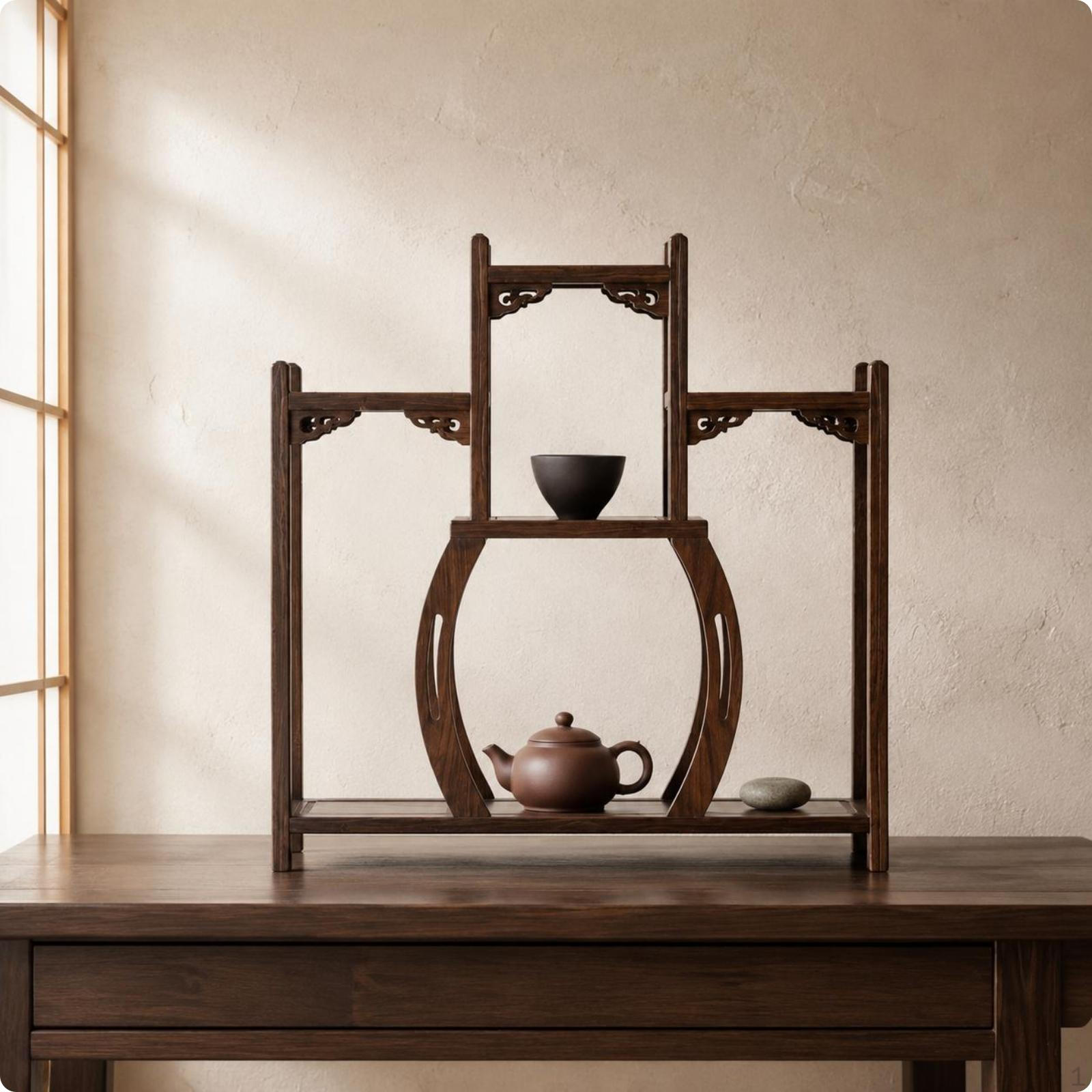 Wood Tea Set Rack Antique Look Carved Design Teapot Display Shelf for Living Room