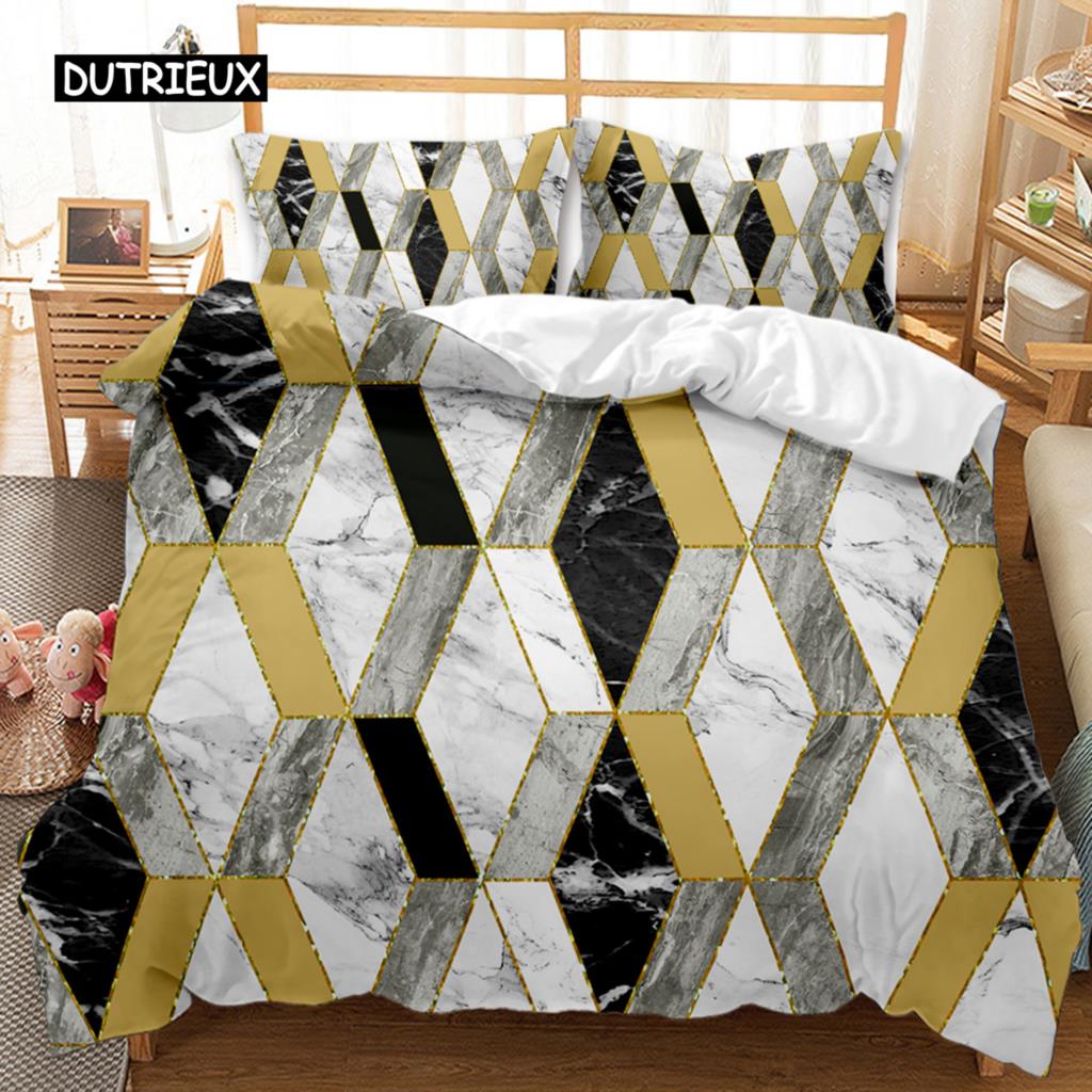 Marble Duvet Cover Set Black White Gold Abstract Marble Texture Printed Black White Double Queen King Size Polyester Bedding Set