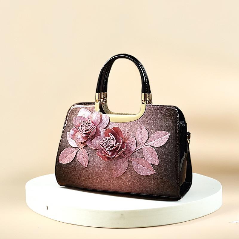 Gradient Color 3D Applique Glossy Patent Leather Shoulder Tote Crossbody Bag