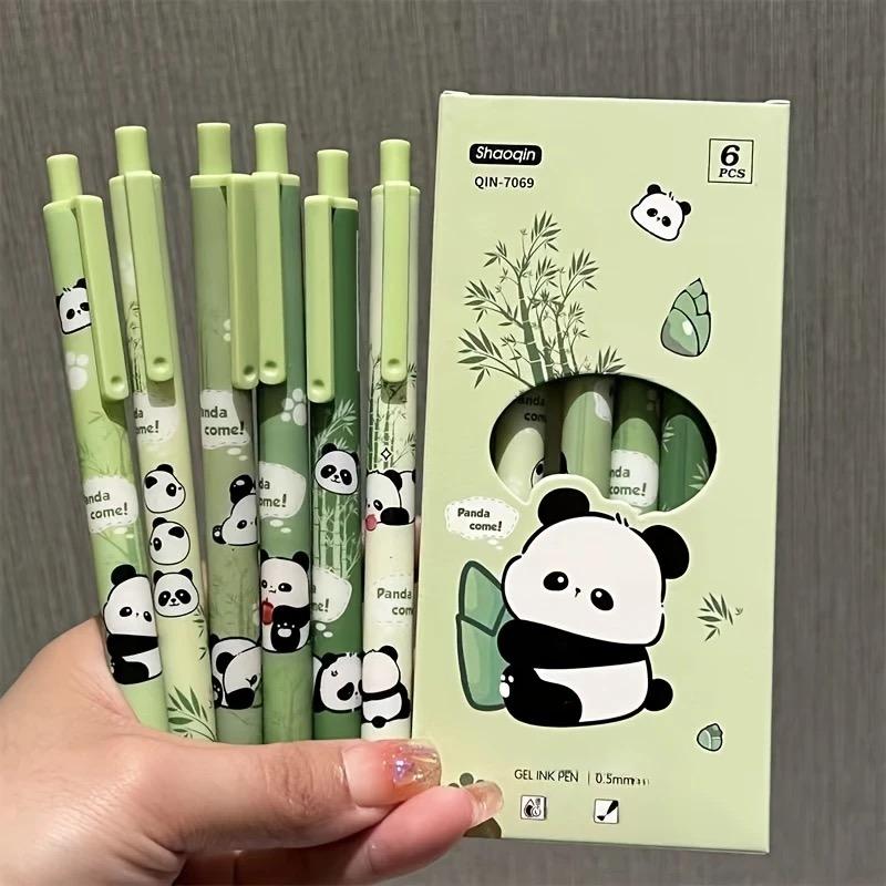 6pcs Cute Panda Gel Pens - Durable Black Ink, Vibrant Green & Light Blue Barrels with Adorable Panda Designs