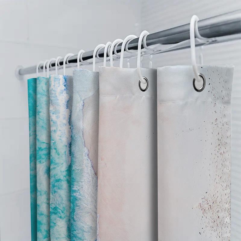 Beach Shower Curtain, Waterproof Printed Fabric For Bathroom Decor Turquoise Blue White Colors, 3D Printing Artistic Print Home